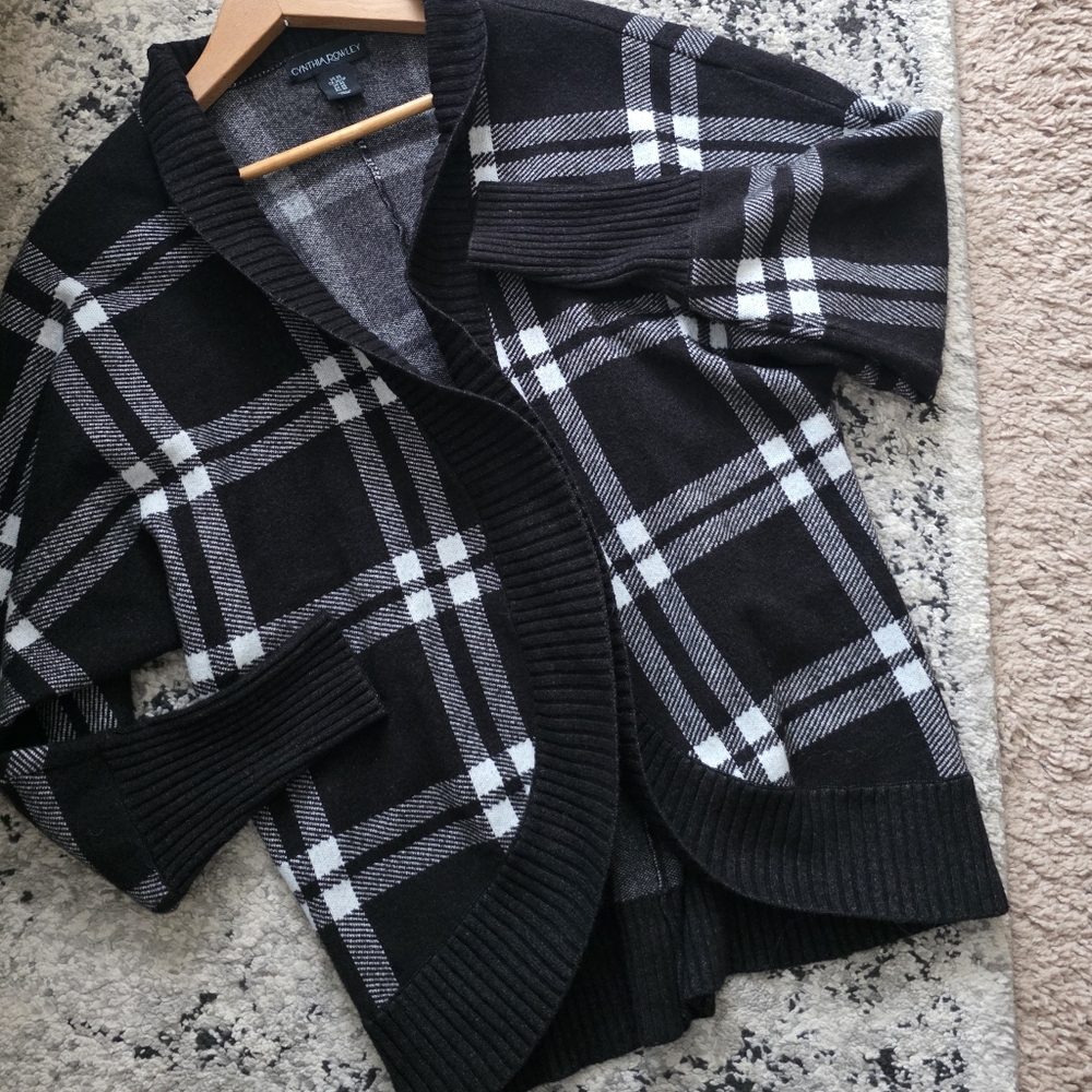 Plaid Gothic Chic Open Cardican Sweater Oversized Womens XS Black White